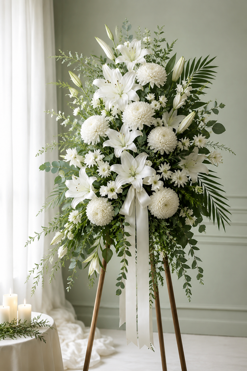 Serene white lily condolence flower stand