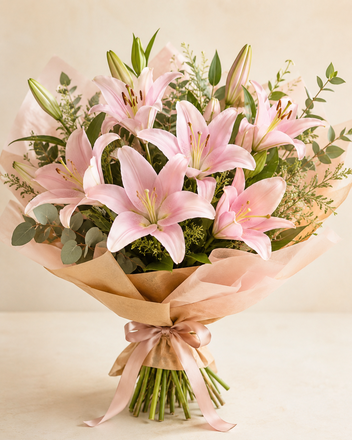 Pink Lily Bouquet wrapped in blush paper