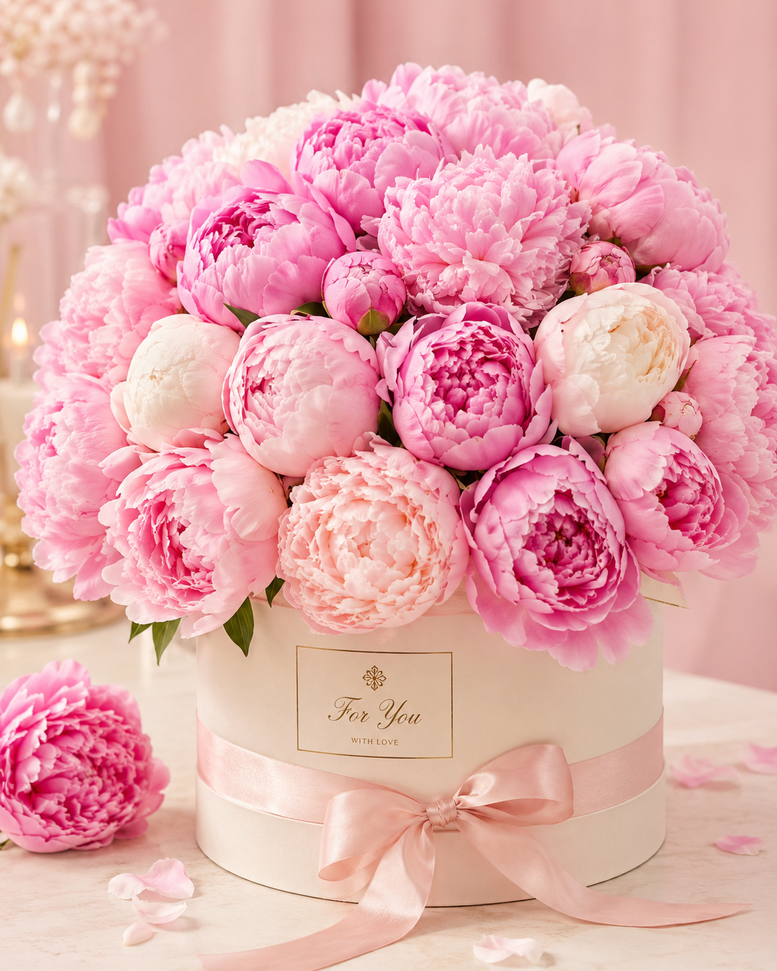 Pink Peony Flower Box in a cream keepsake box