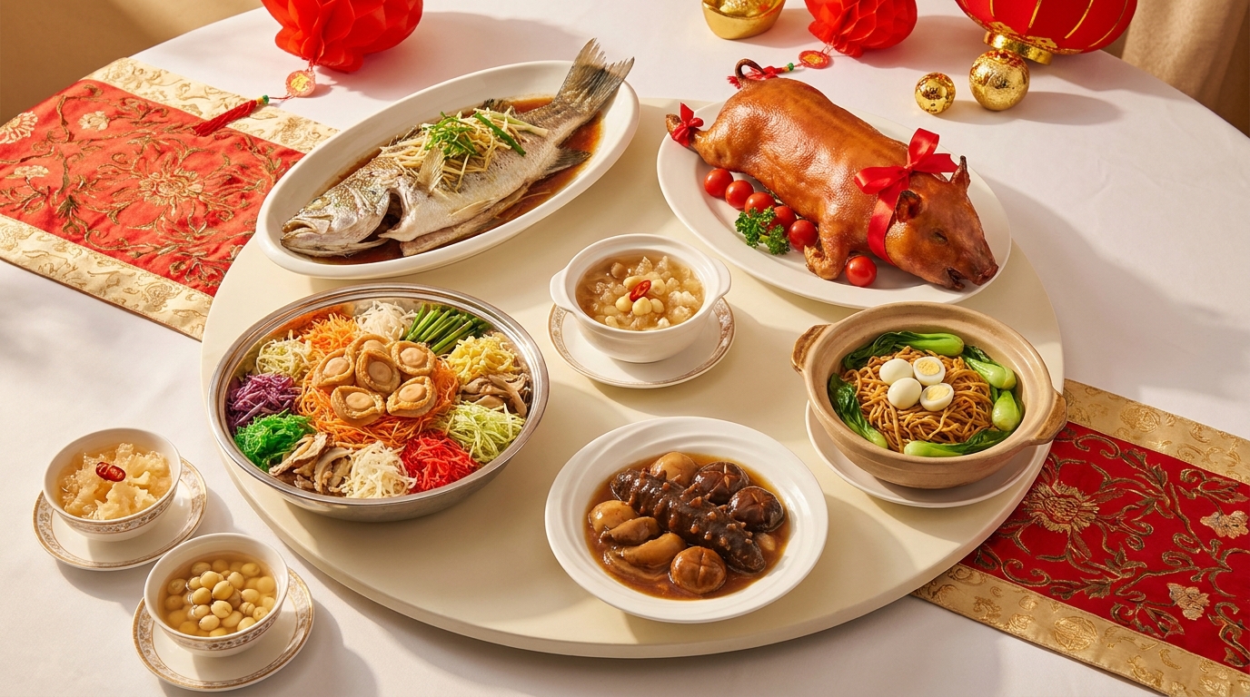 Chinese New Year banquet table at Ji Xing 吉星饭厅 — yee sang prosperity toss with family celebration