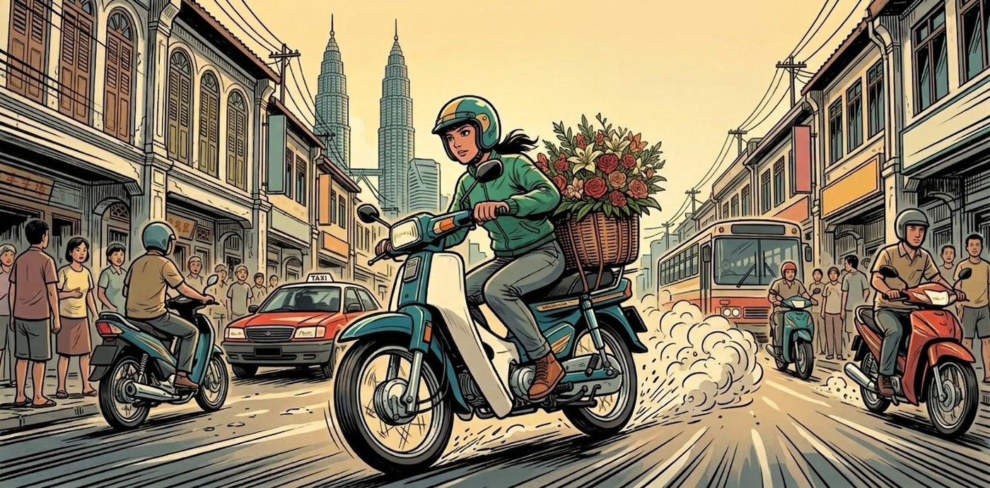 A florist delivery rider racing through Kuala Lumpur streets with a fresh bouquet